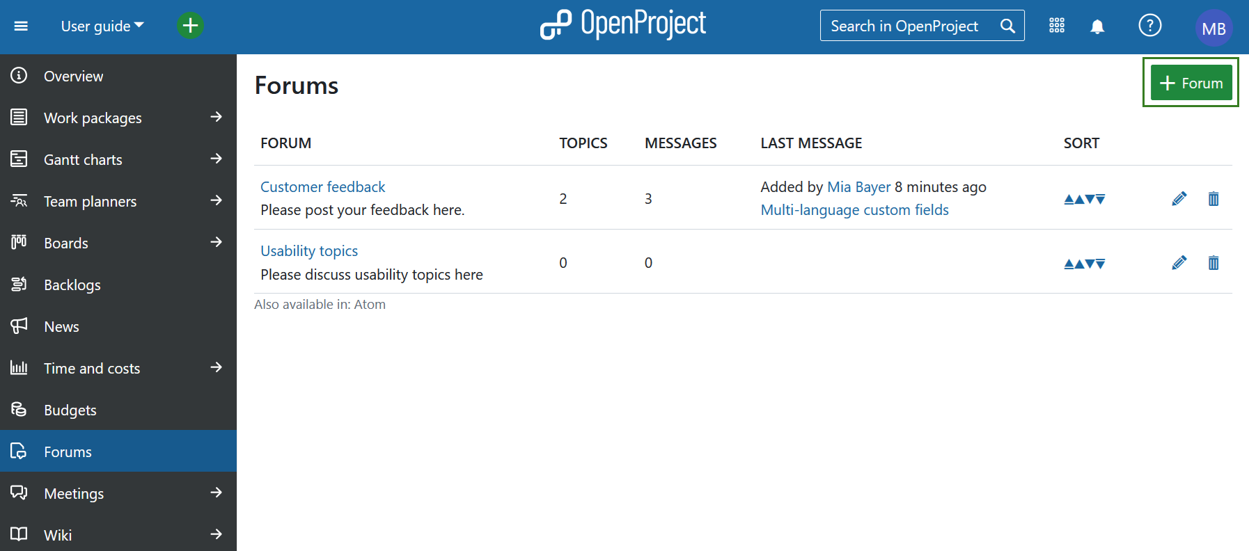 Un bouton pour créer un nouveau forum dans OpenProject