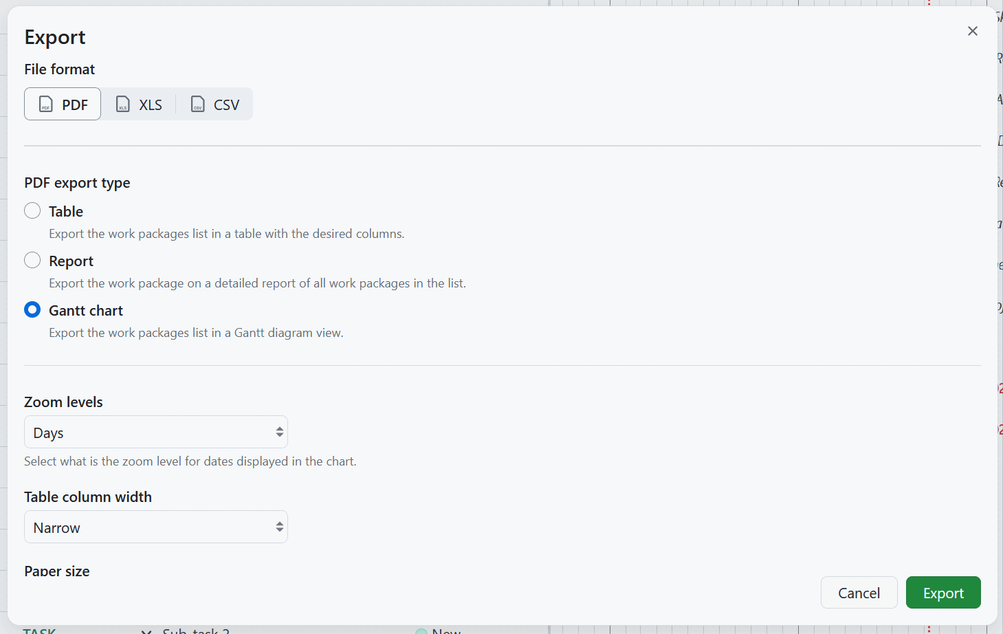Opciones de exportación de diagramas de Gantt en OpenProject