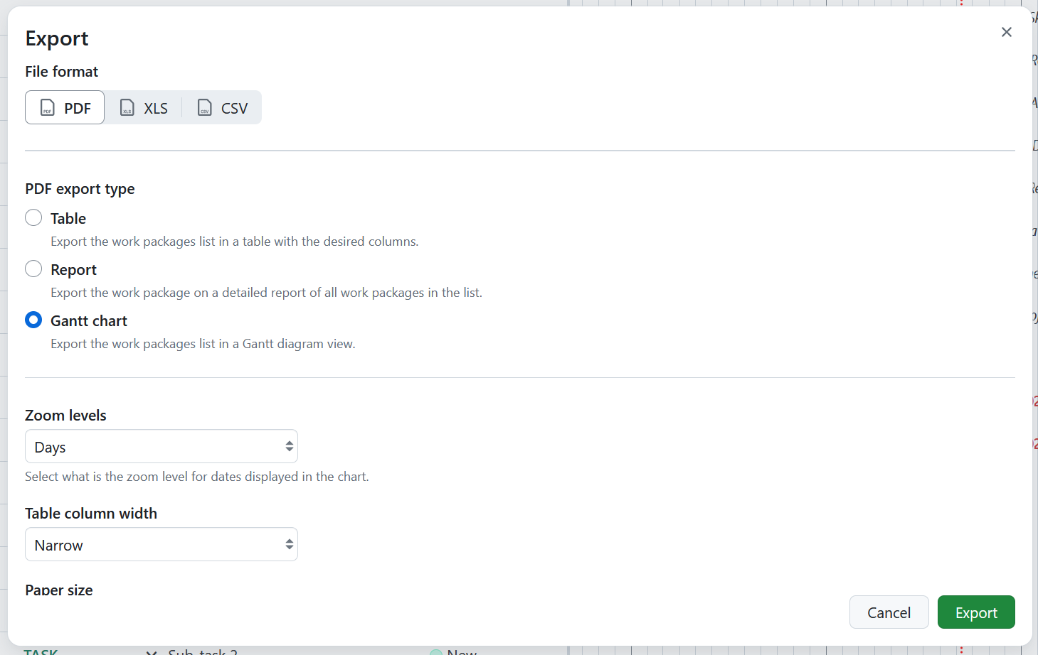 Options d’exportation du diagramme de Gantt dans OpenProject