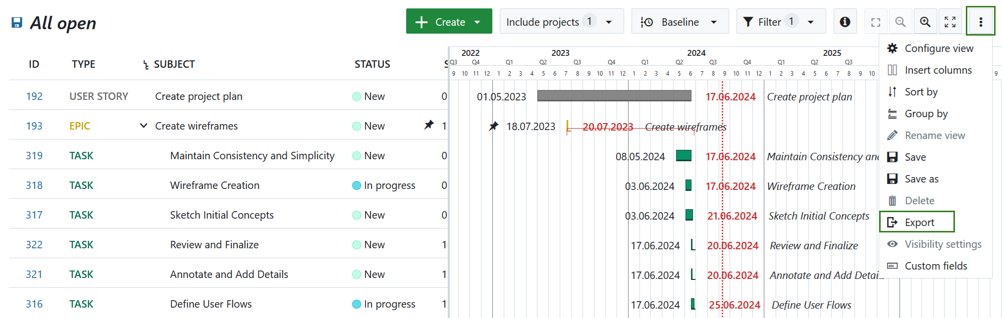 Option d’exportation du diagramme de Gantt dans OptionProject