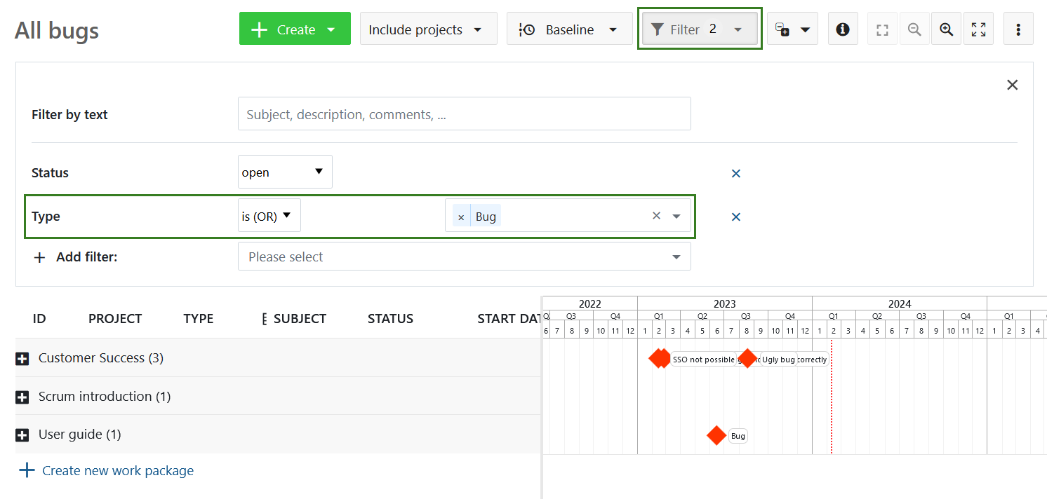 Filtrer la vue du diagramme de Gantt des projets agrégés dans OpenProject