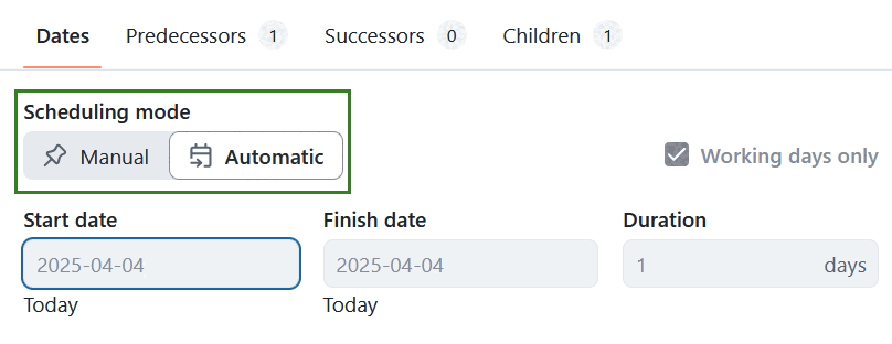 The scheduling mode switch in the OpenProject date picker with the choice of manual and automatic scheduling