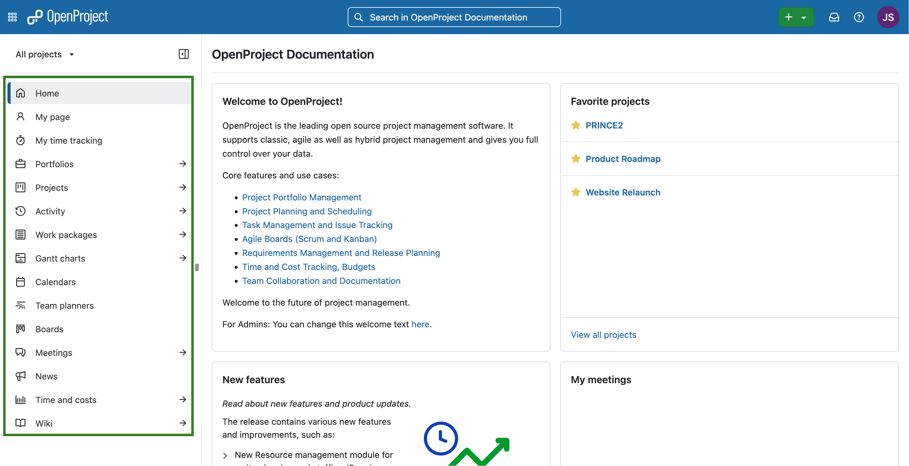 Navegar para o menu de módulos globais no OpenProject
