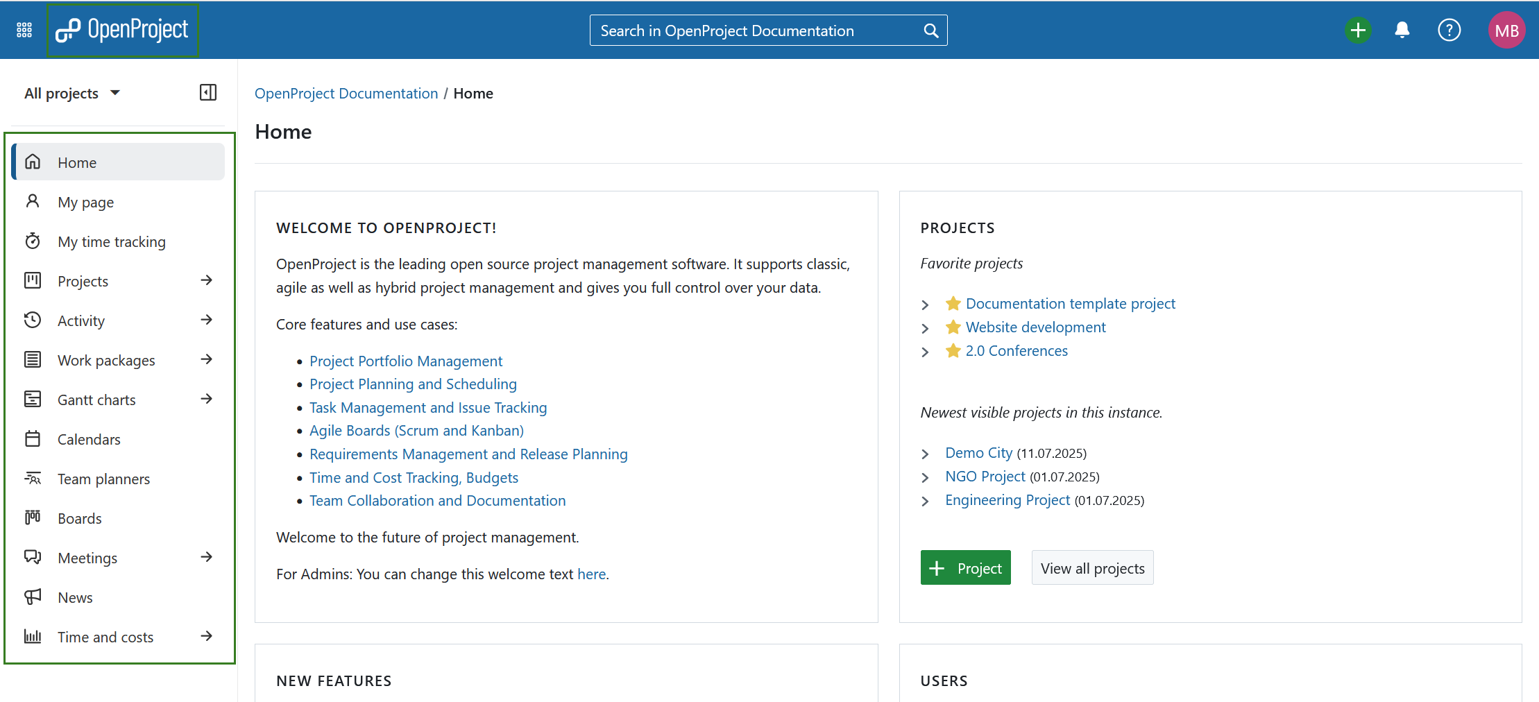 Navegando al menú de módulos globales en OpenProject