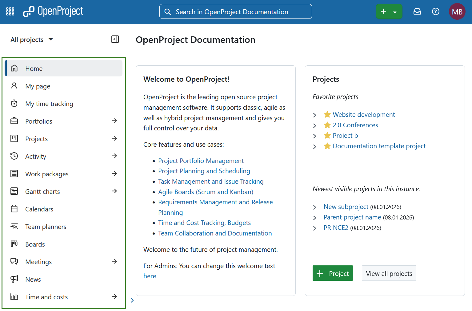 Navegando al menú de módulos globales en OpenProject