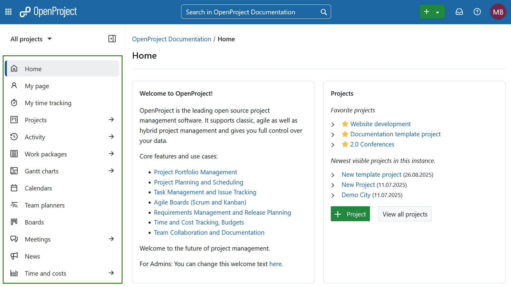 Naviguer vers le menu des modules globaux dans OpenProject