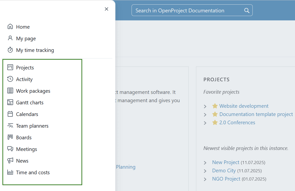 Naviguer vers le menu des modules globaux dans OpenProject via l’icône de la grille