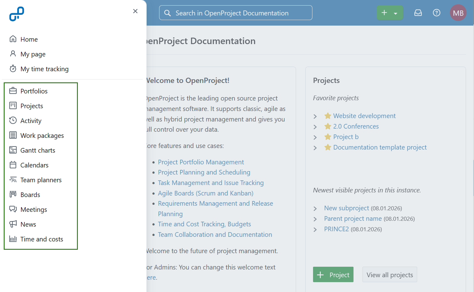 Navegando al menú de módulos globales en OpenProject vía icono de cuadrícula