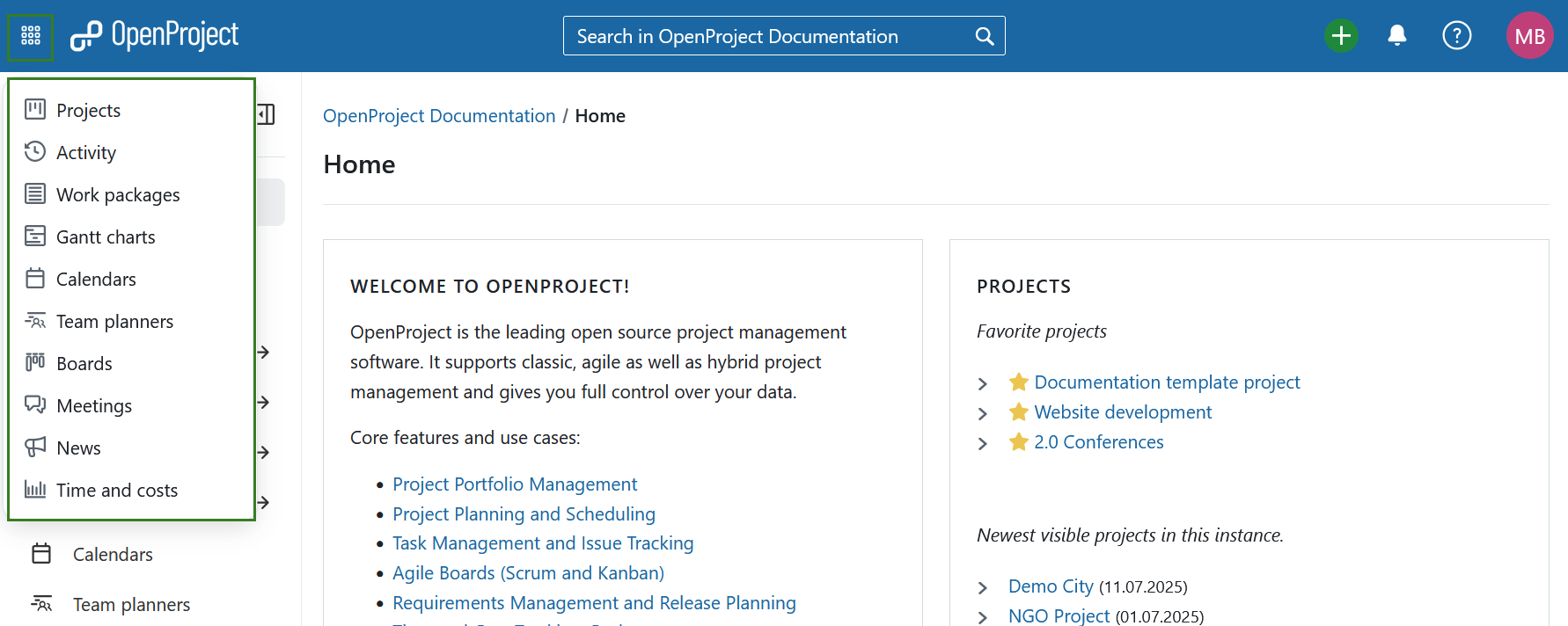 Navegando al menú de módulos globales en OpenProject vía icono de cuadrícula