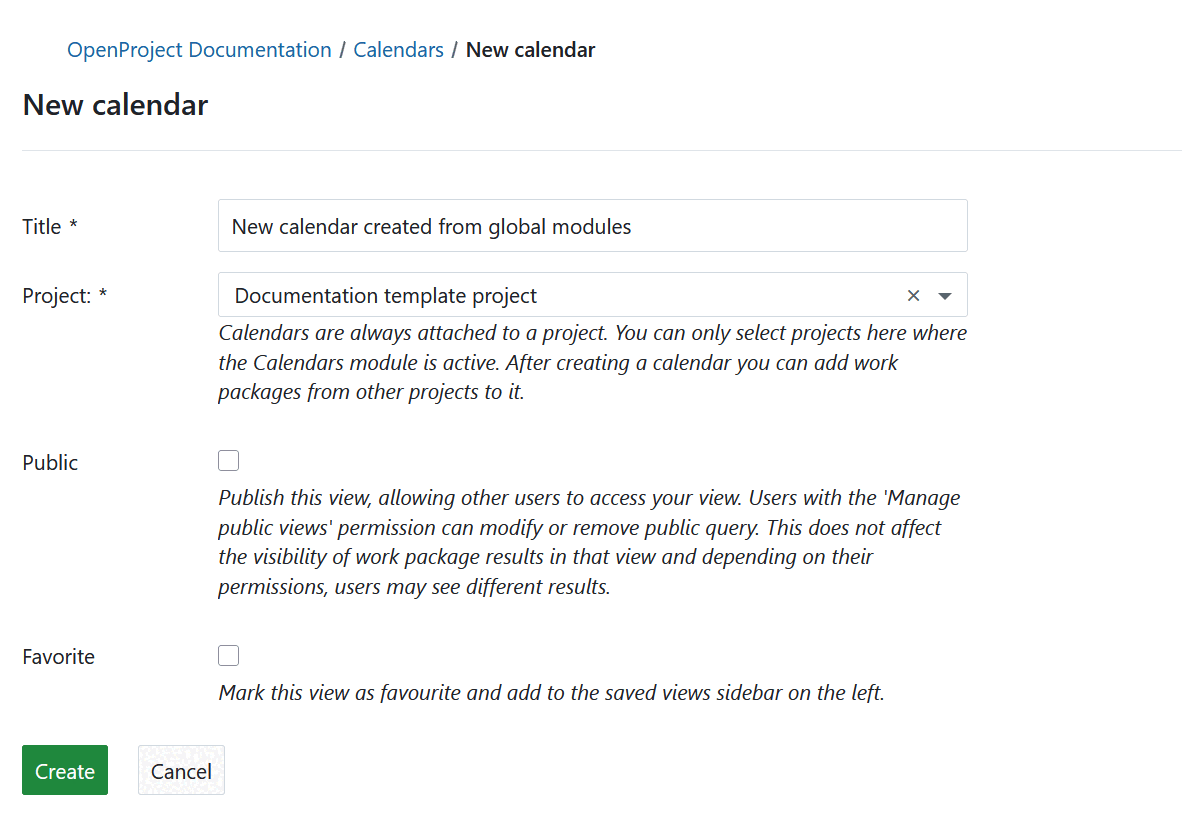Création d’un nouveau calendrier à partir du module global Calendriers