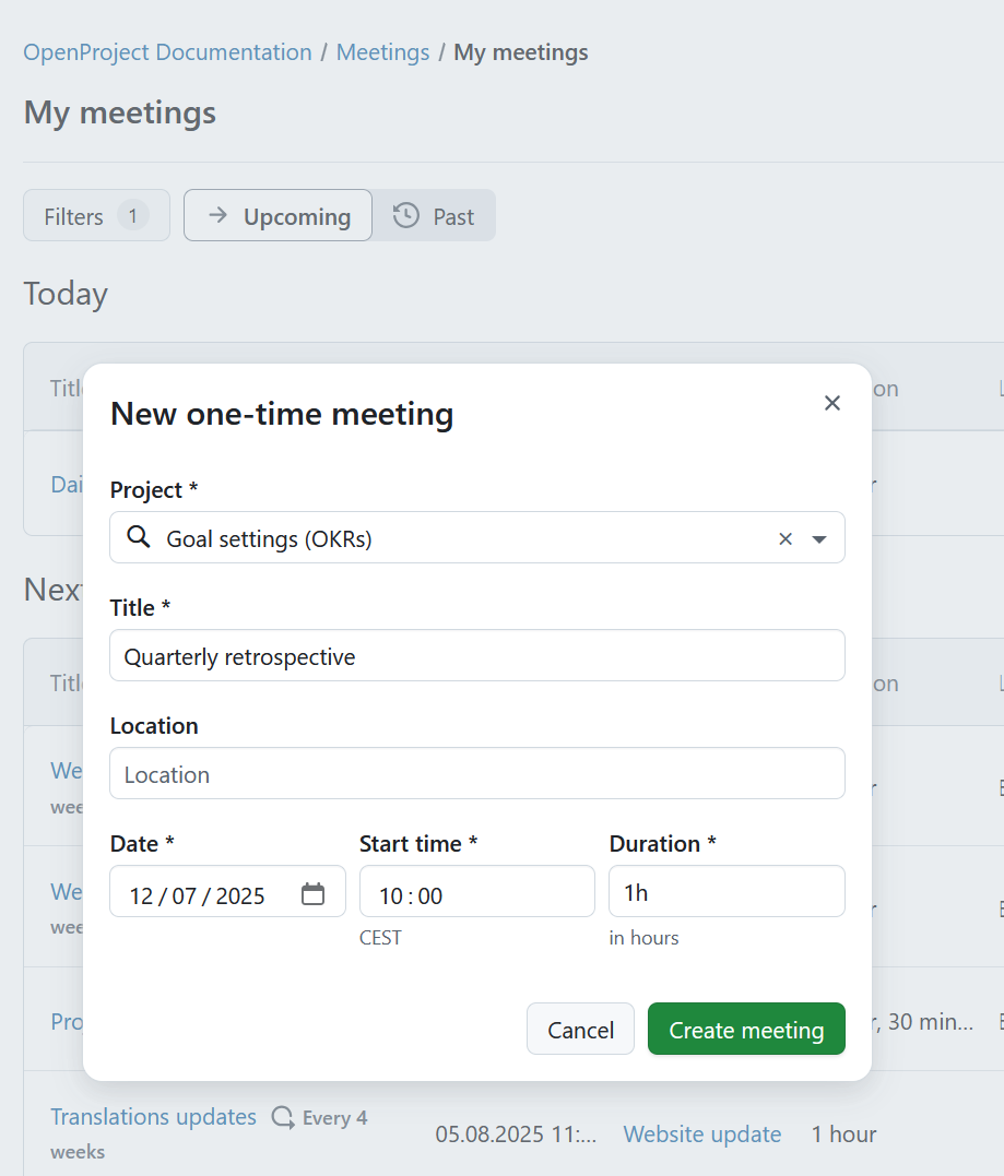 Crear una nueva reunión desde el módulo global de reuniones