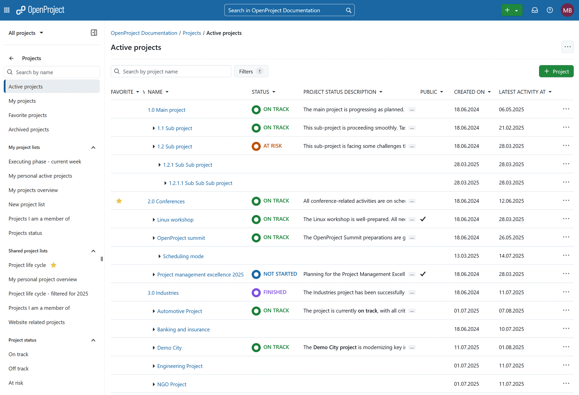 Aperçu des projets OpenProject dans le menu des modules globaux