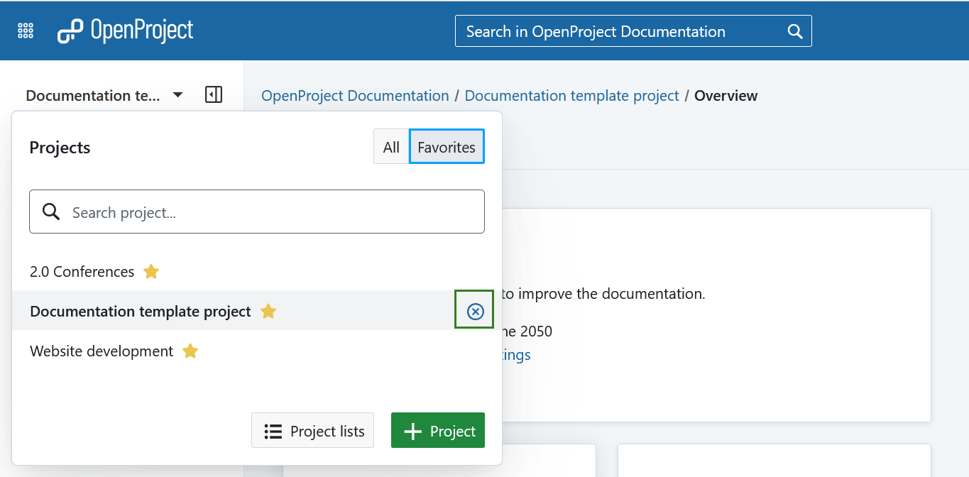 Deseleccionar un proyecto de la lista de proyectos en OpenProject