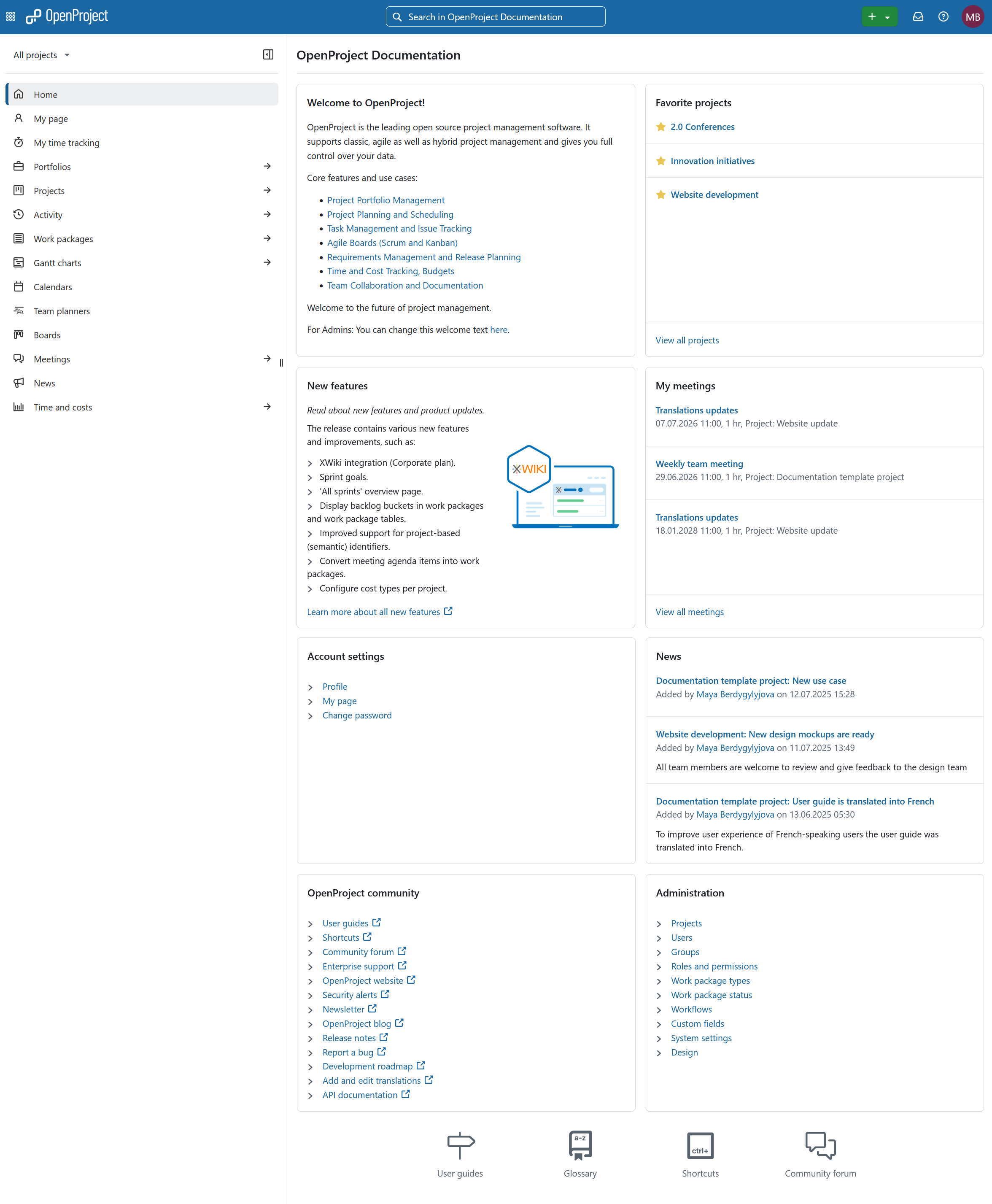Anwendungshomepage der OpenProject-Instanz