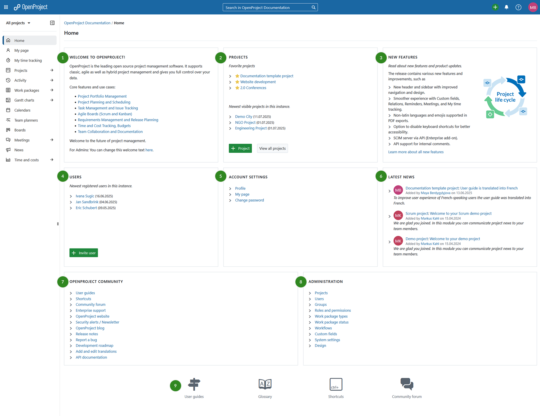 Startseite von OpenProject