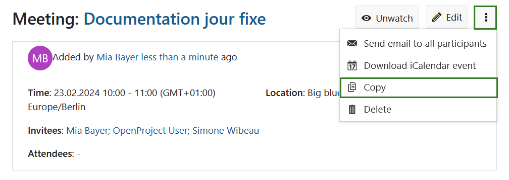 Bouton pour copier une réunion classique dans OpenProject