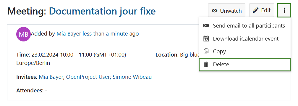 Supprimer une réunion classique dans OpenProject