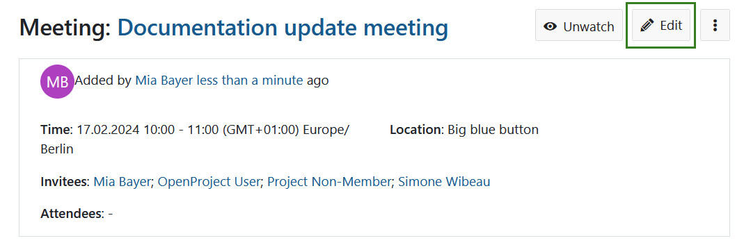 Icône de modification d’une réunion classique dans OpenProject