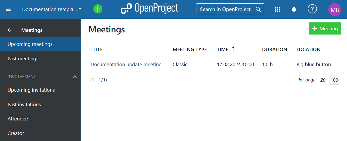 Le module Réunions dans OpenProject