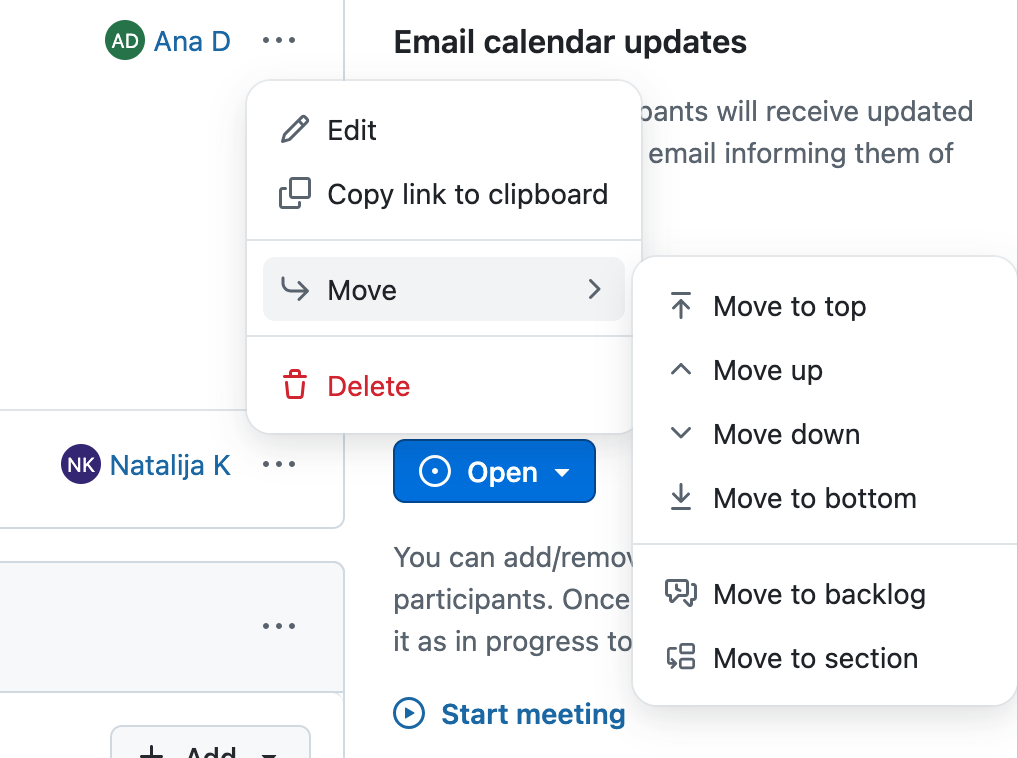 Edit, copy, move or delete an agenda item in OpenProject meetings module