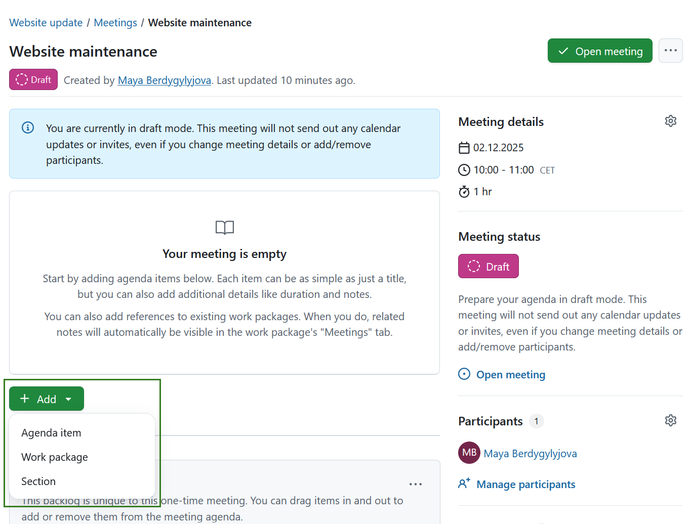 Le bouton d’ajout dans le module de réunions d’OpenProject avec trois choix : section, point de l’ordre du jour ou lot de travaux
