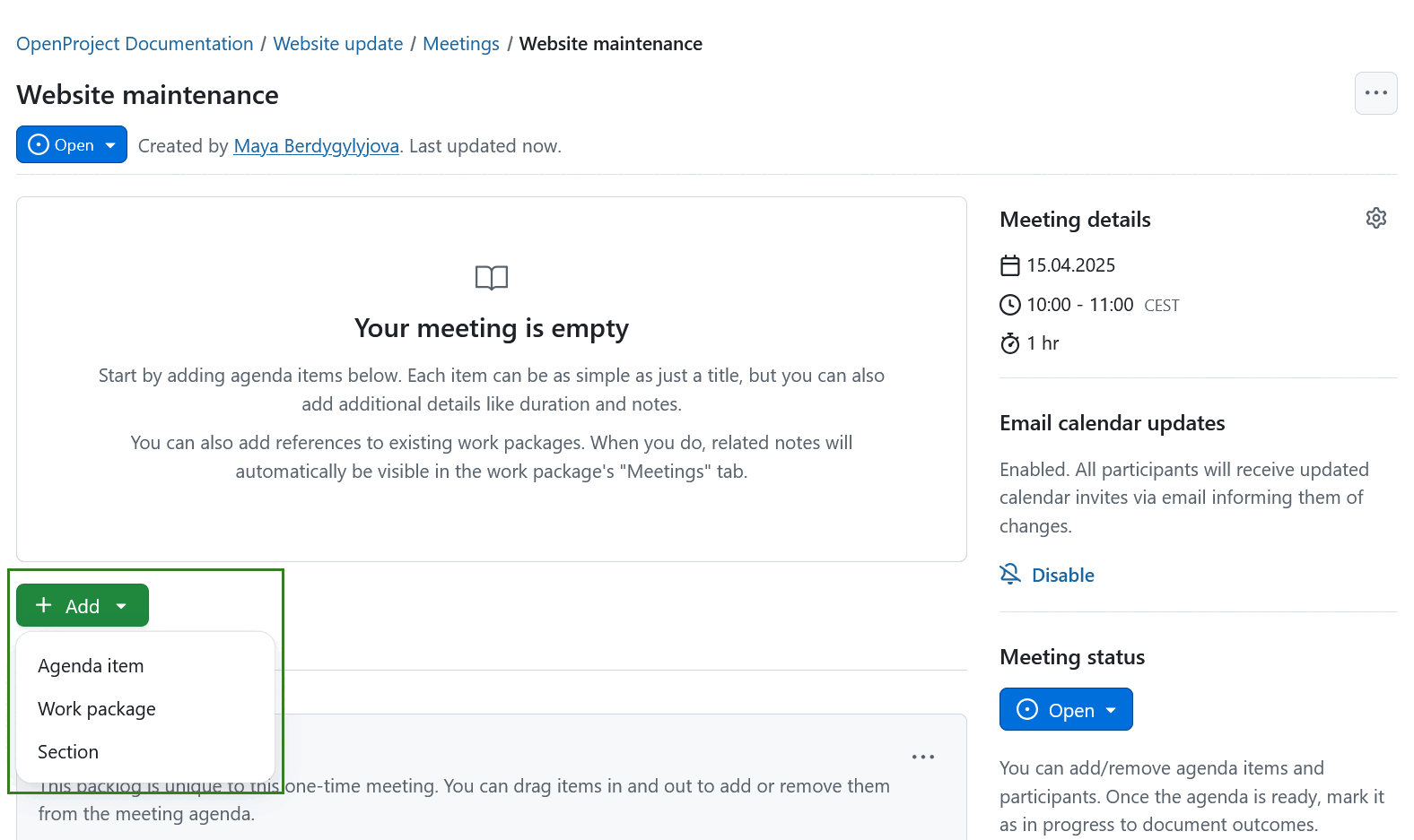 El botón de añadir en el módulo de reuniones de OpenProject con tres opciones: sección, punto del orden del día o paquete de trabajo