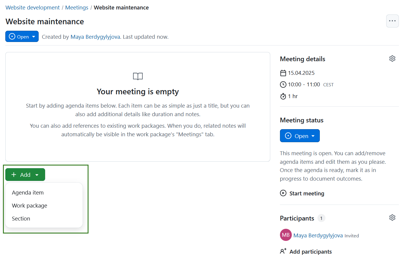 The add button in OpenProject meetings module with three choices: section, agenda item or work package