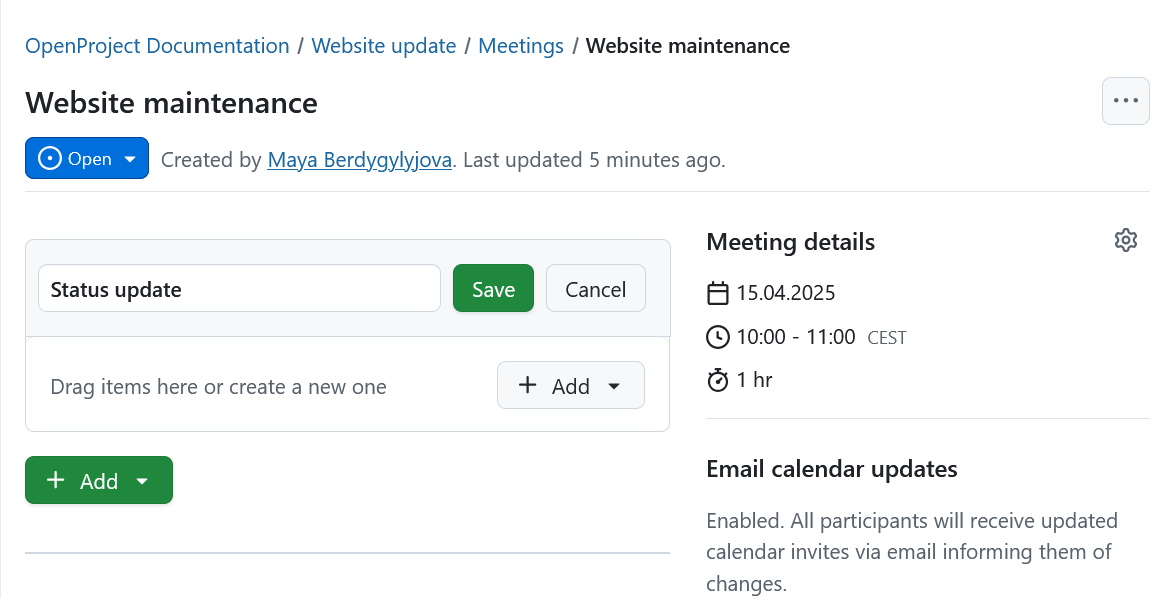 Añadir una nueva sección a la agenda de una reunión en OpenProject