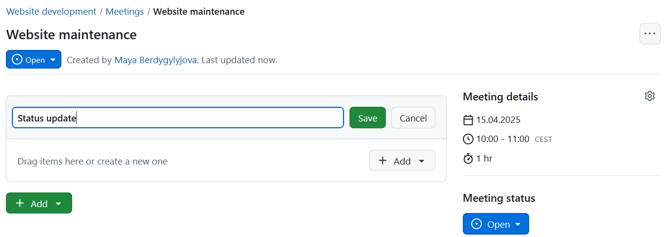 Add a new section to a meeting agenda in OpenProject