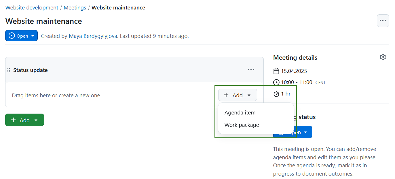 Add an agenda item to a meeting section