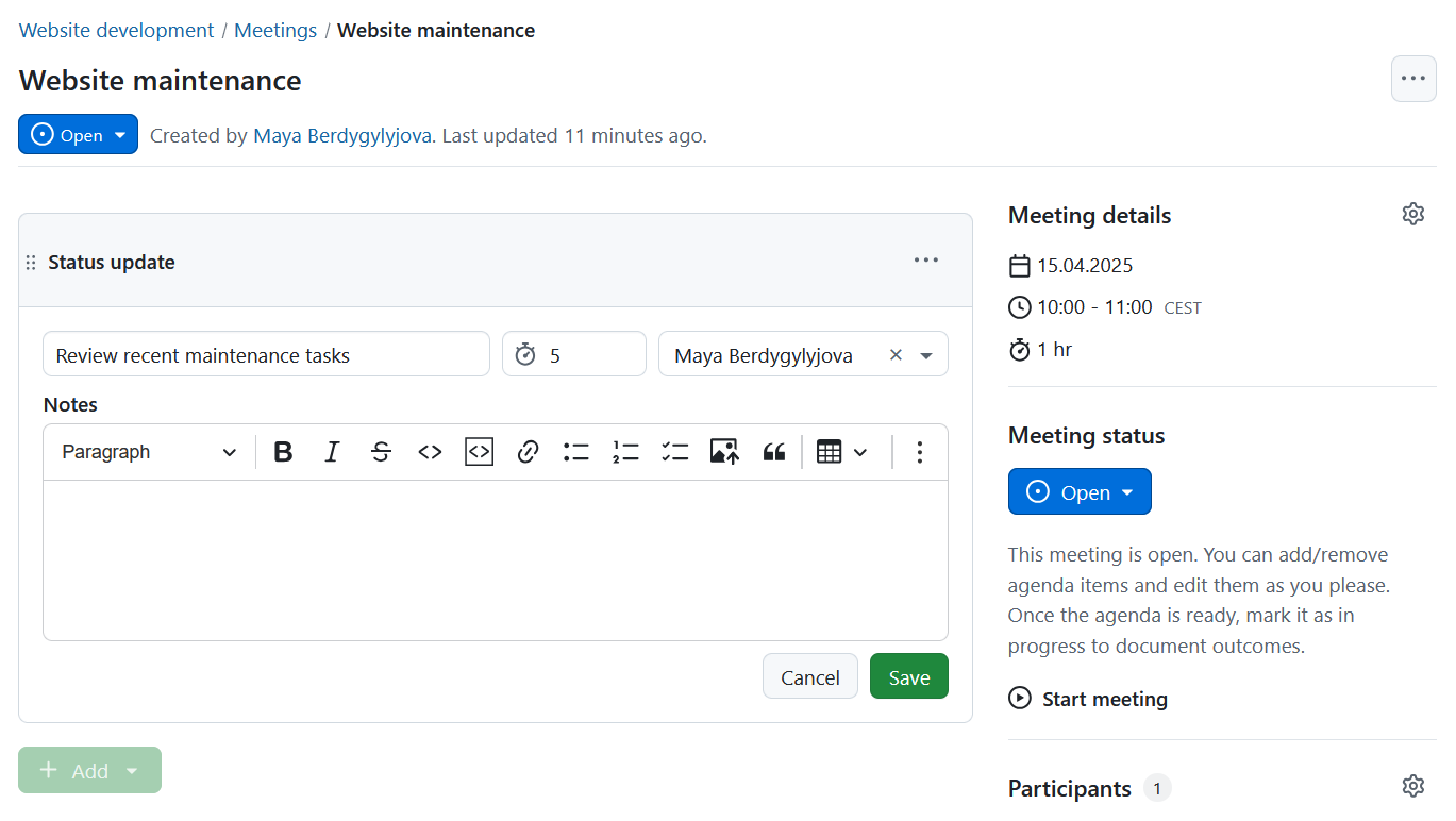 Form for adding agenda items to meetings sections in OpenProject