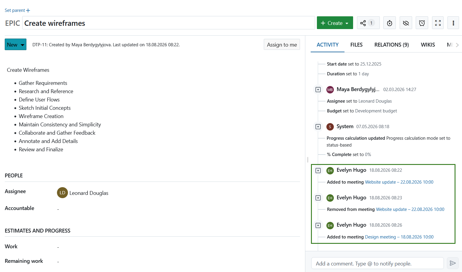 Activity tab showing updates when a work package is added or removed from a meeting