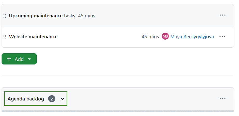 Título de la sección de backlogs de la agenda contraída, en reunión única de OpenProject