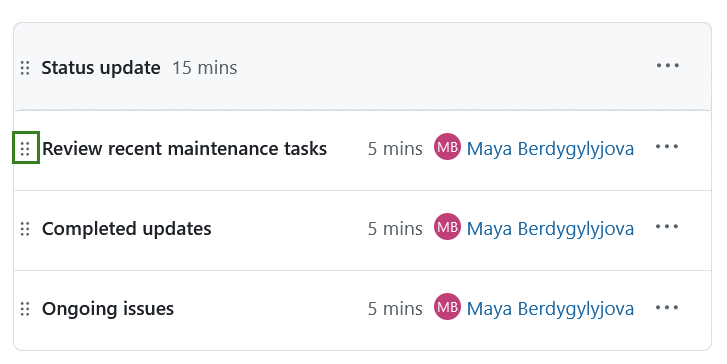 Arrastre el asa junto a un punto del orden del día en las reuniones de OpenProject
