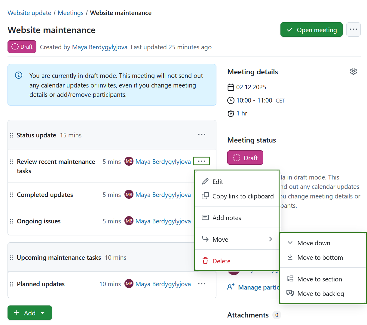 Edit, copy, move or delete an agenda item in OpenProject meetings module