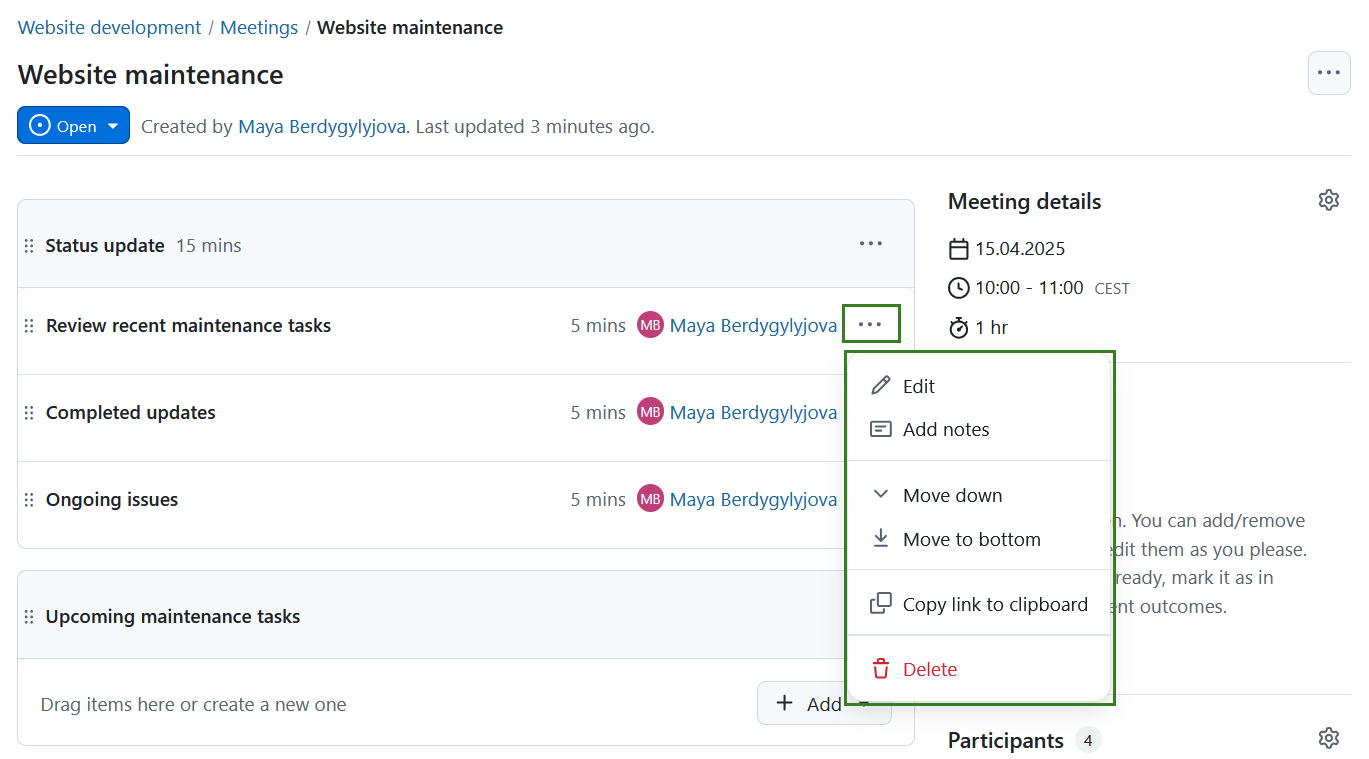 Menu showing options to edit agenda items in OpenProject meetings