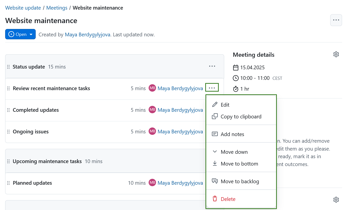 Menu showing options to edit agenda items in OpenProject meetings