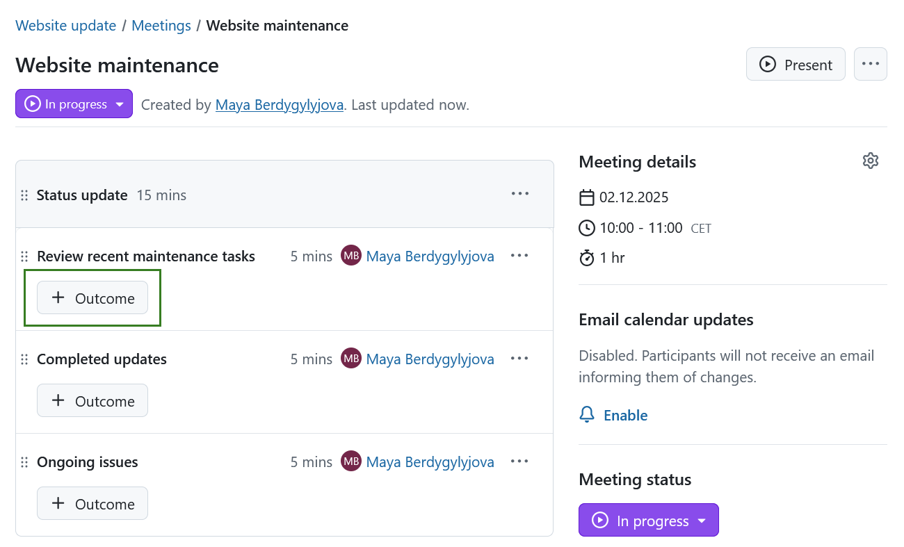 Botón para añadir un resultado del orden del día en las reuniones de OpenProject