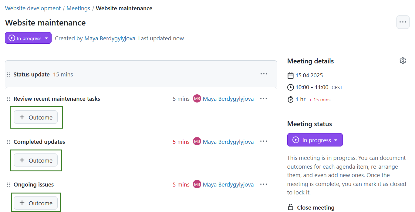 Button to add an agenda outcome in OpenProject meetings