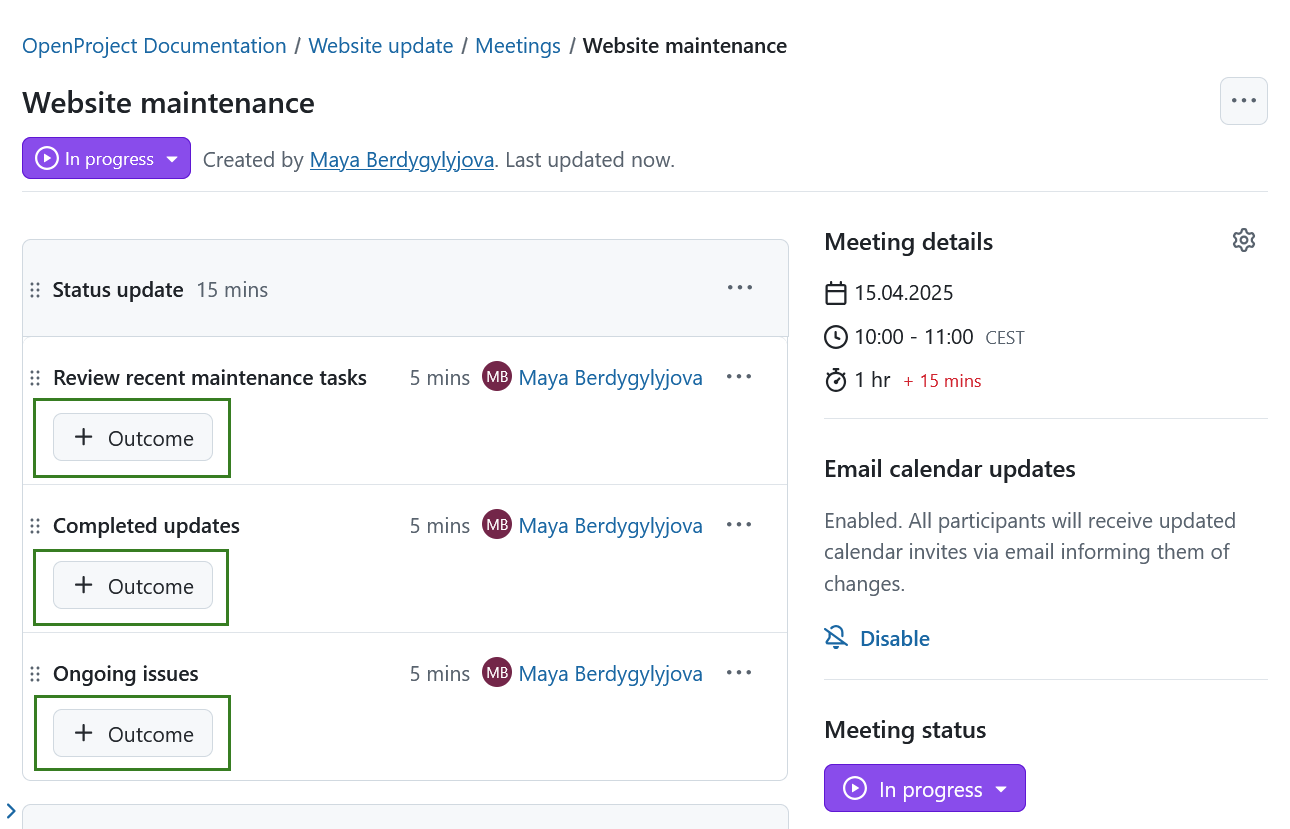 Botón para añadir un resultado del orden del día en las reuniones de OpenProject