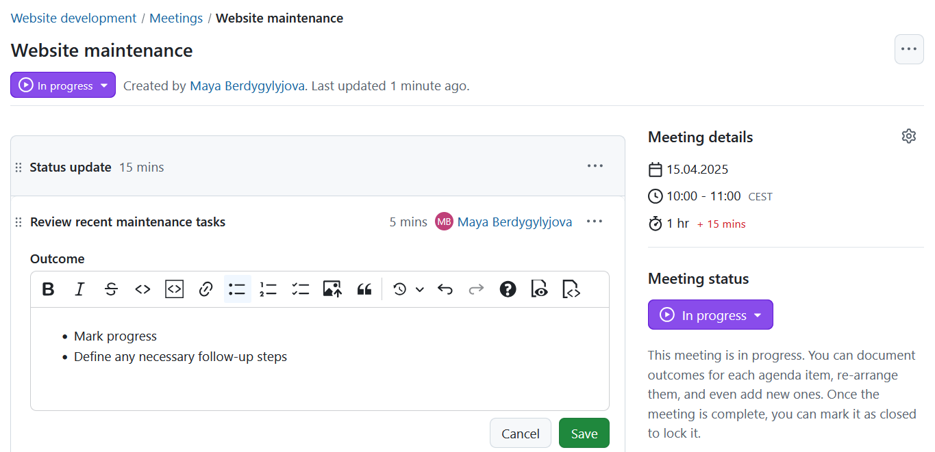 Editor to enter or edit agenda item outcomes in OpenProject meetings