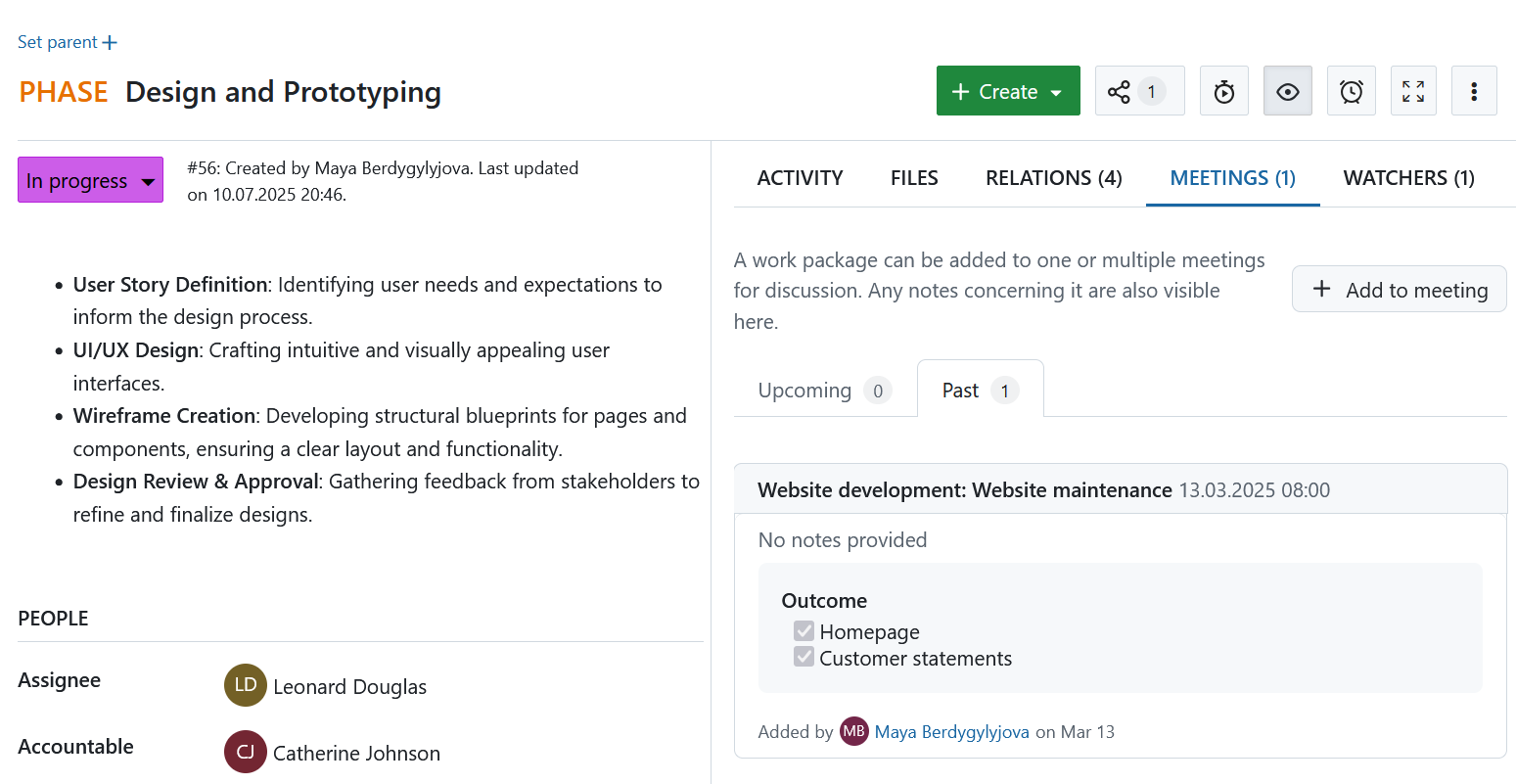 Résultats des éléments de l’ordre du jour affichés dans l’onglet Réunions d’un lot de travaux dans OpenProject