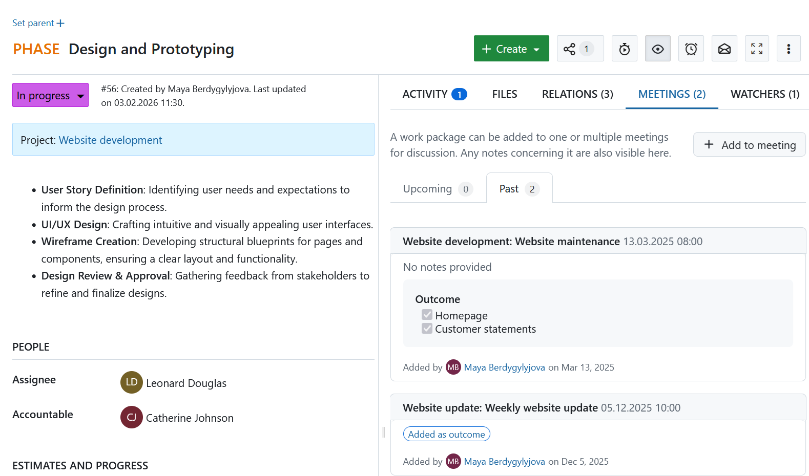 Ergebnisse von Tagesordnungspunkten, die auf der Registerkarte Besprechungen in einem Arbeitspaket in OpenProject angezeigt werden