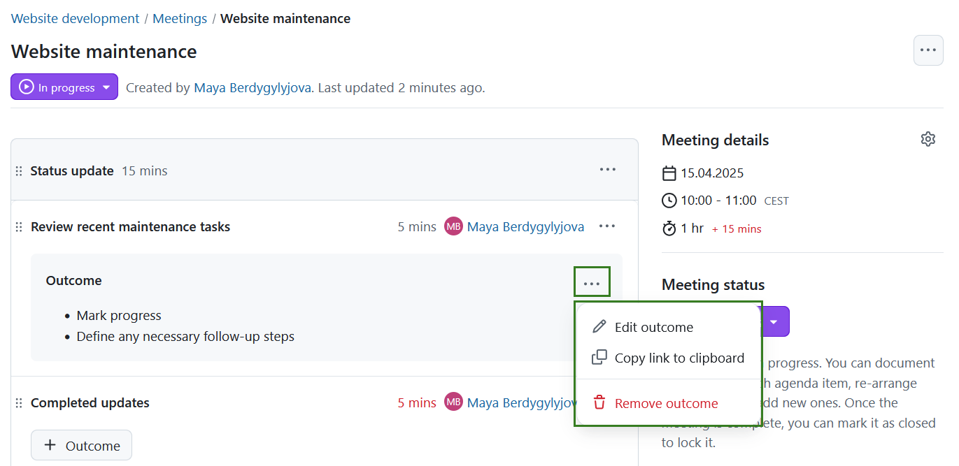 Edit an agenda item outcome in OpenProject meetings