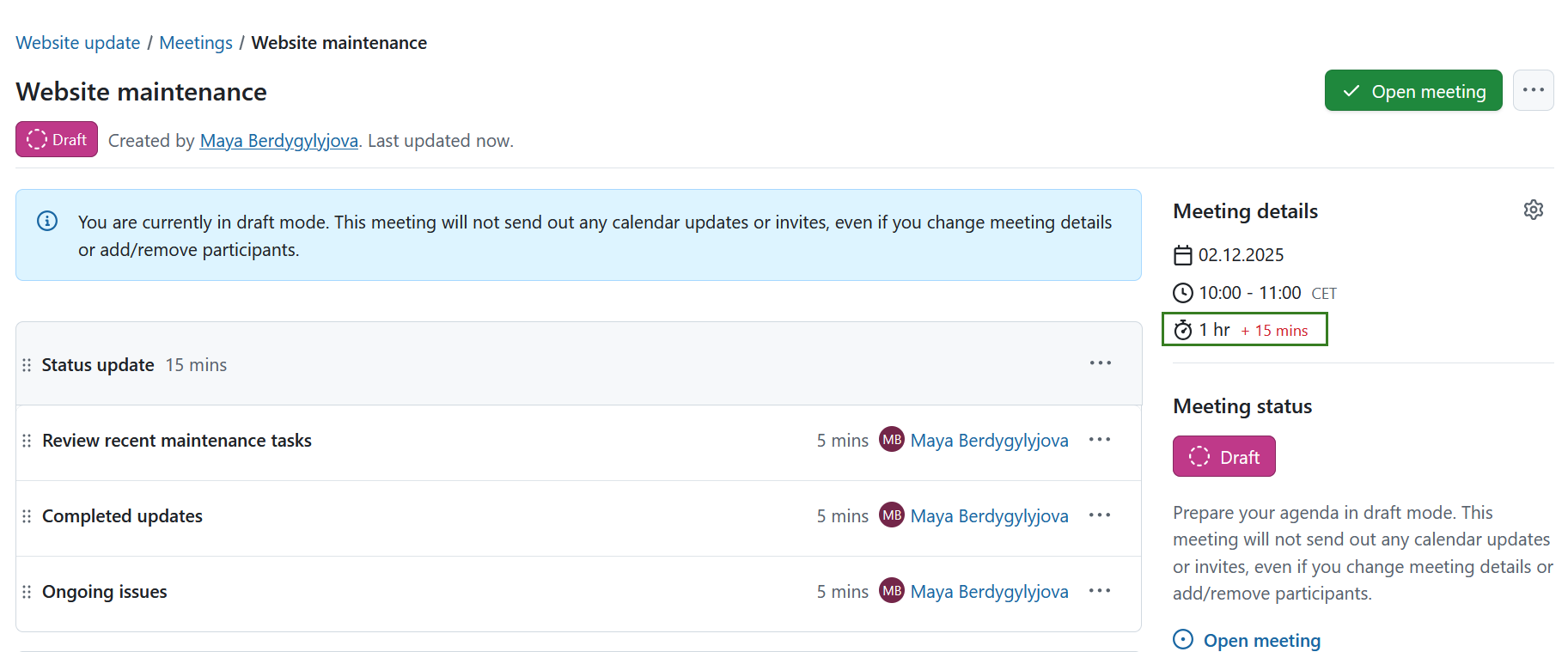 La suma de la duración de los puntos de la agenda de la reunión es mayor que la duración de la reunión establecida en OpenProject
