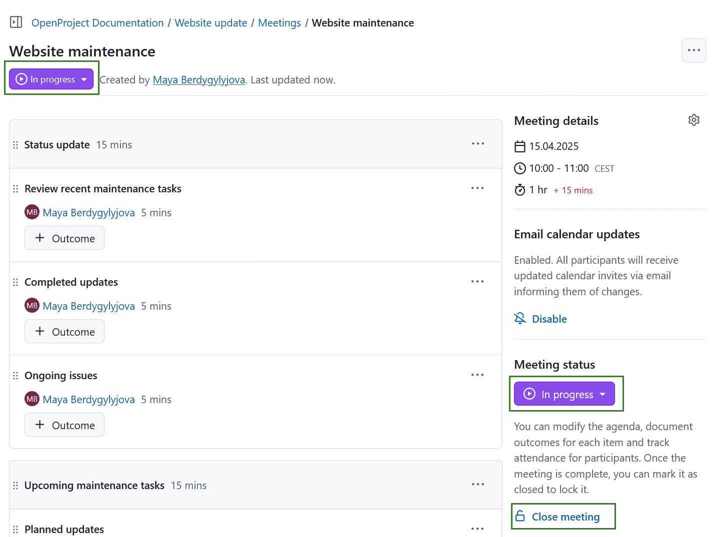 Cerrar una reunión en OpenProject