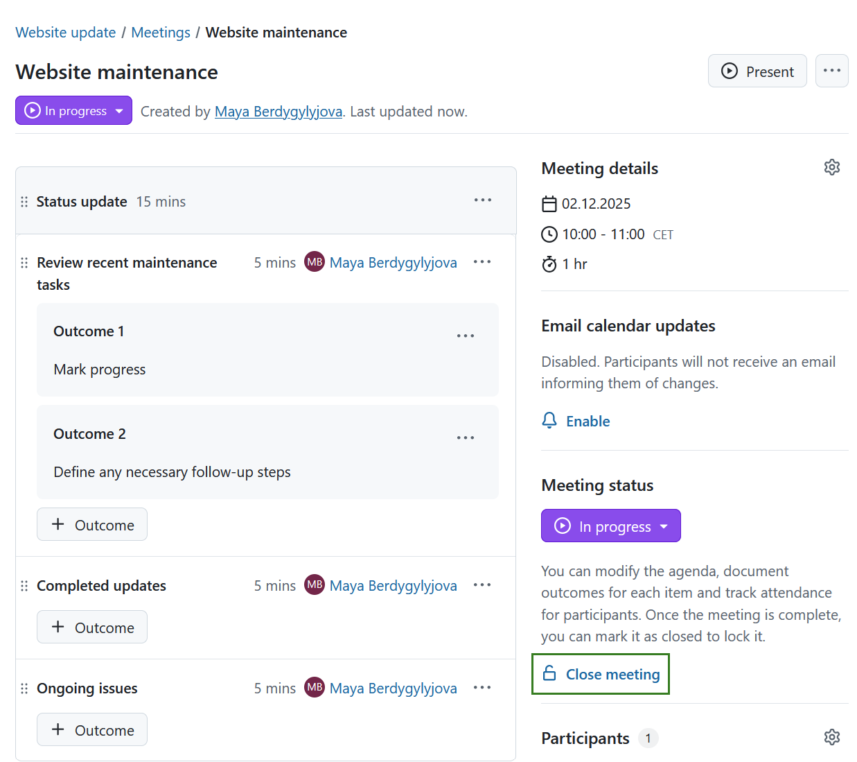 Fermer une réunion dans OpenProject