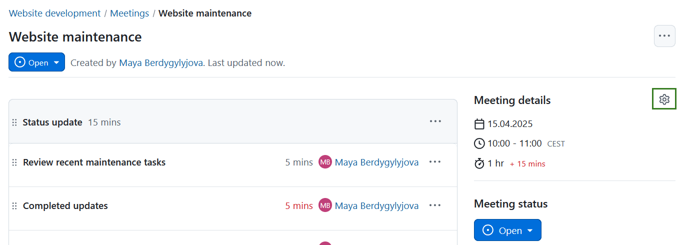 Un icono de rueda dentada para editar una reunión en OpenProject