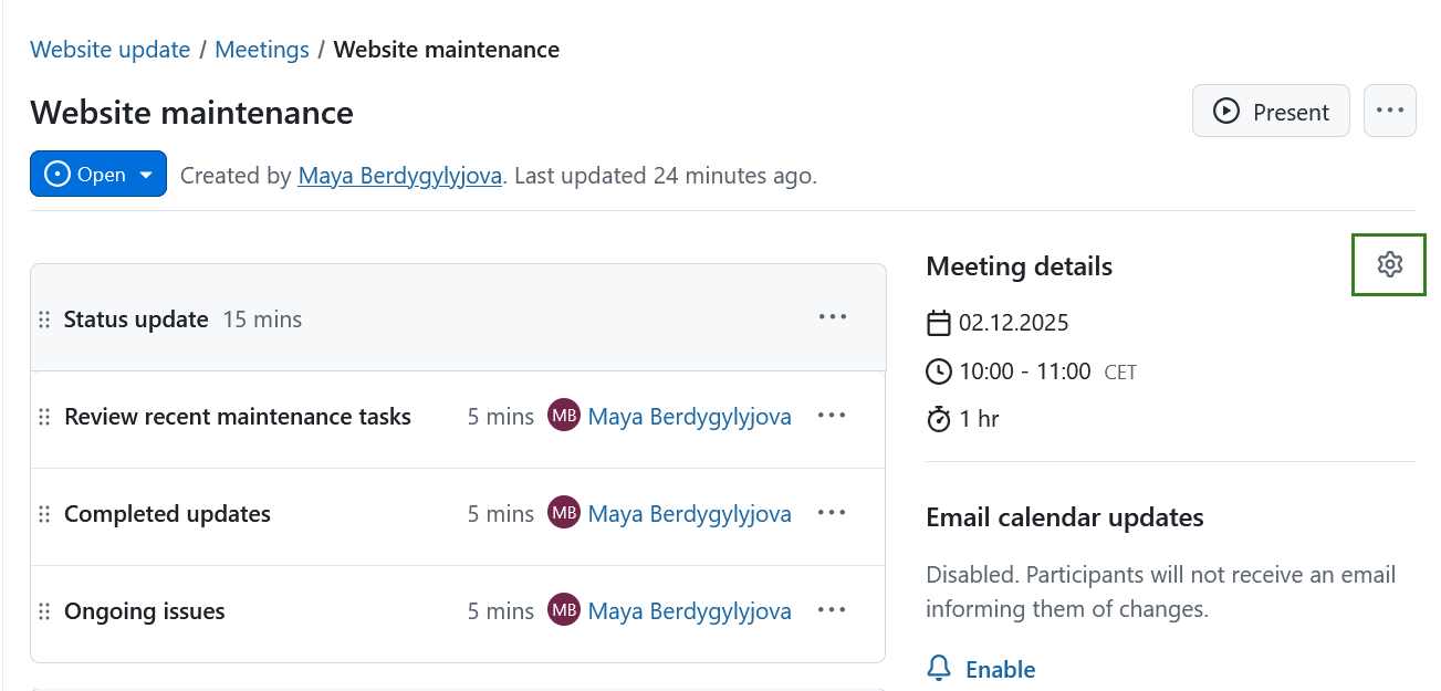 Un icono de rueda dentada para editar una reunión en OpenProject