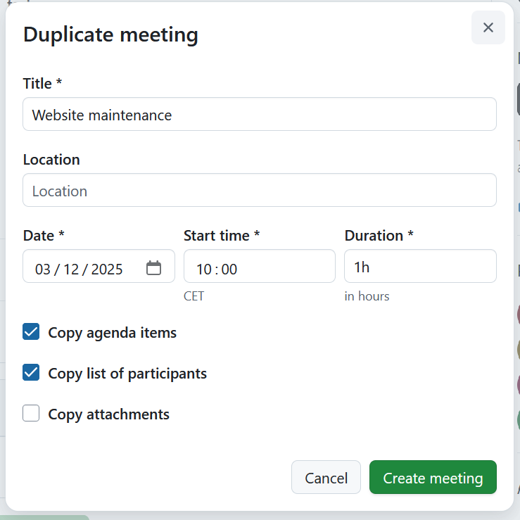 Modifier les détails d’une réunion copiée dans OpenProject